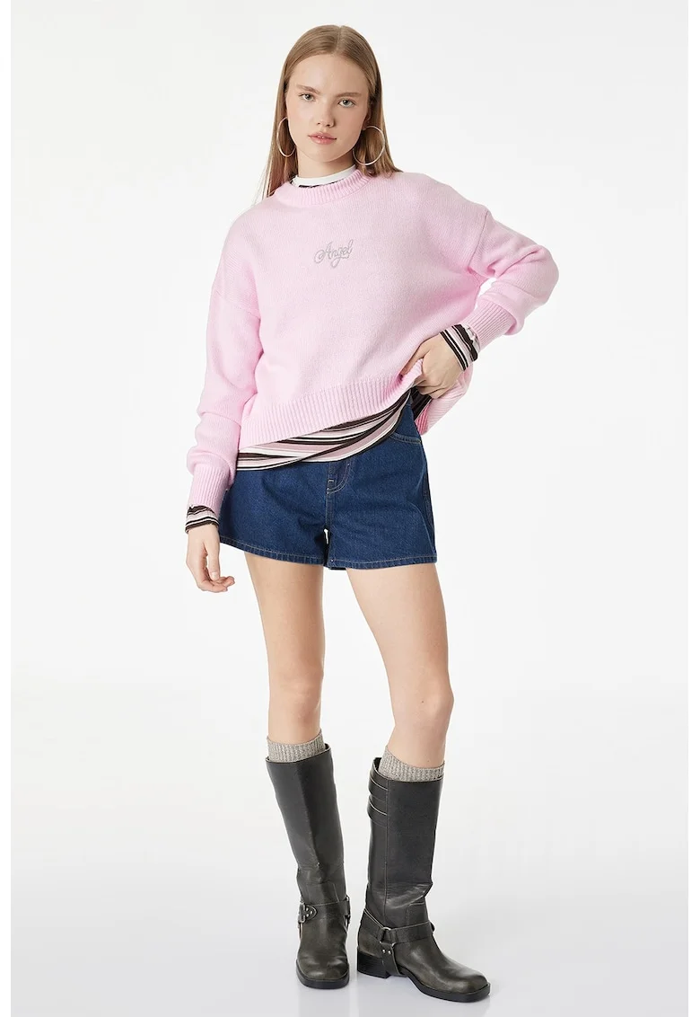 Pulover lejer din tricot cu detalii brodate, Roz pastel