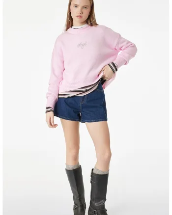 Pulover lejer din tricot cu detalii brodate, Roz pastel