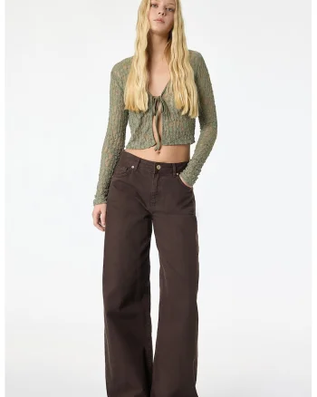 Bluza crop de dantela cu prindere in talie, Verde sparanghel