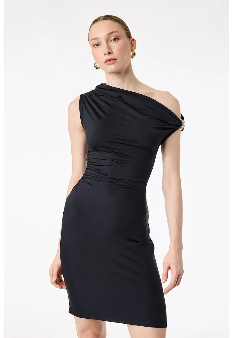 Rochie cambrata cu decolteu pe un umar, Negru