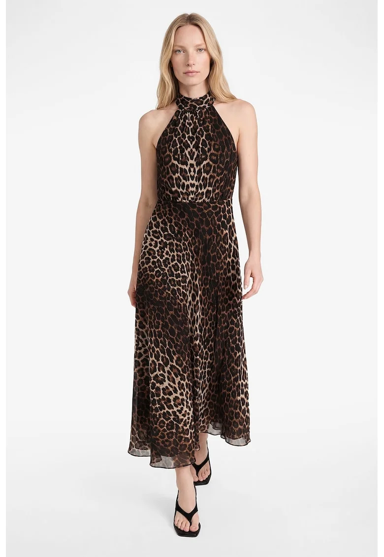 Rochie midi cu model animal print, Maro inchis/Bej