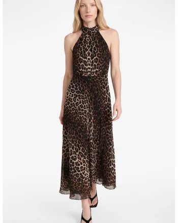 Rochie midi cu model animal print, Maro inchis/Bej