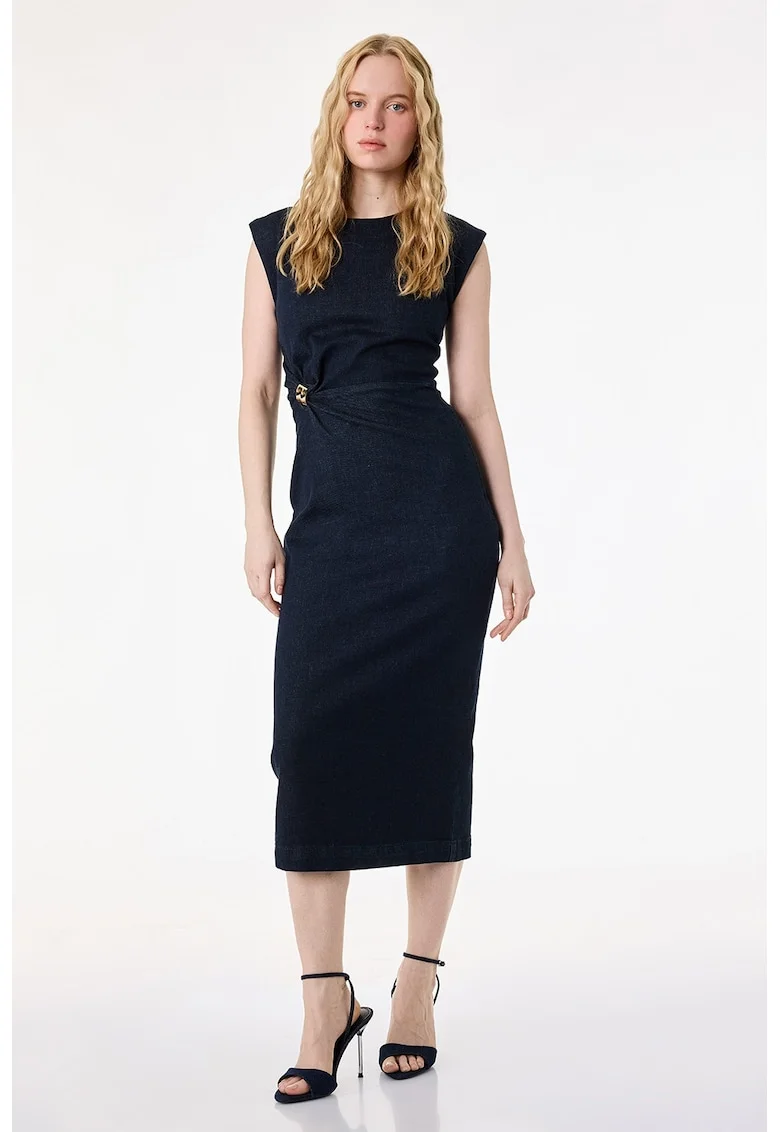 Rochie de denim cu fronseu in talie, fara maneci, Albastru ultramarin