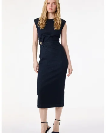 Rochie de denim cu fronseu in talie, fara maneci, Albastru ultramarin