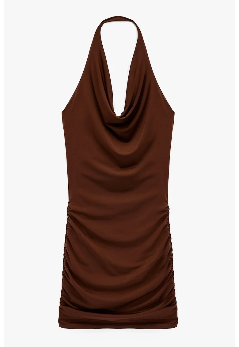 Rochie mini cu decolteu drapat, fara maneci, Maro