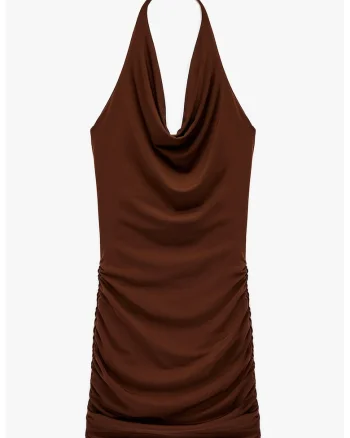 Rochie mini cu decolteu drapat, fara maneci, Maro