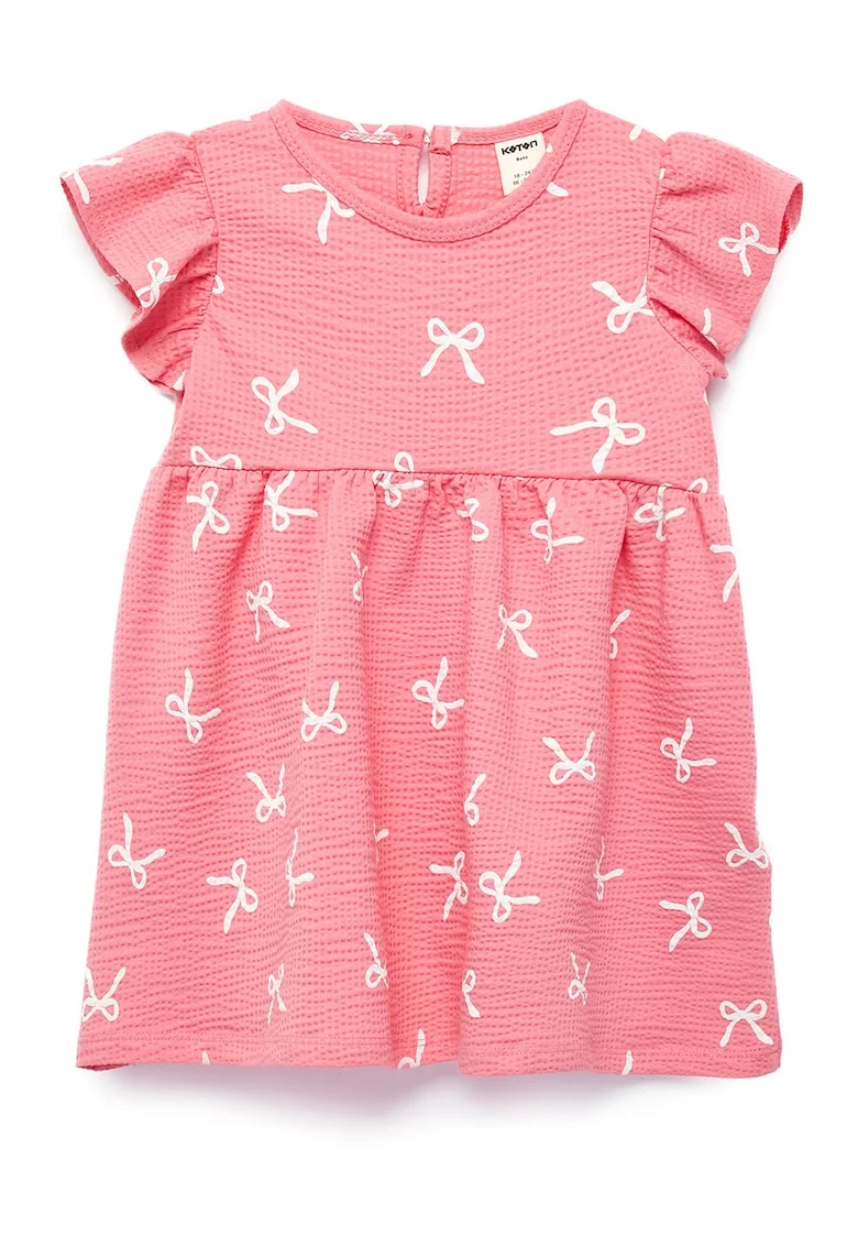 Rochie scurta din amestec de bumbac cu funda, Roz somon