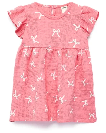 Rochie scurta din amestec de bumbac cu funda, Roz somon