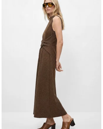 Rochie cu fronseu si model in carouri, Maro/Galben mustar
