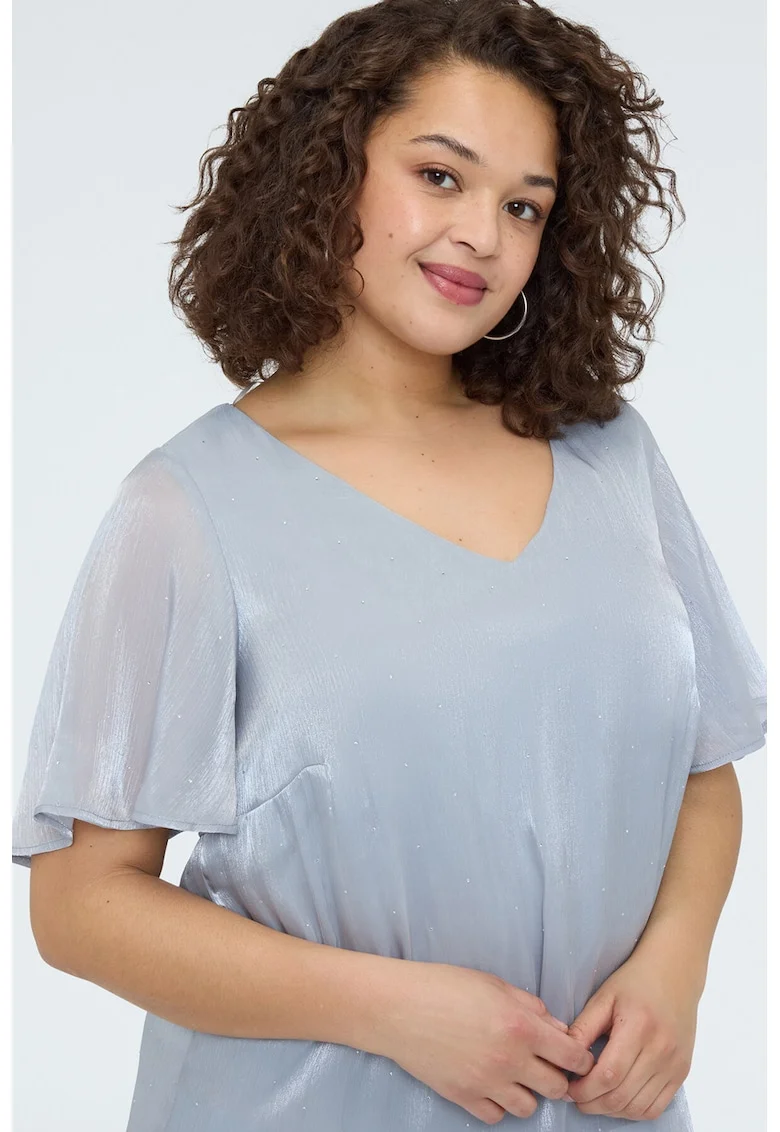 Bluza cu aspect stralucitor si decolteu in V, Albastru lavanda