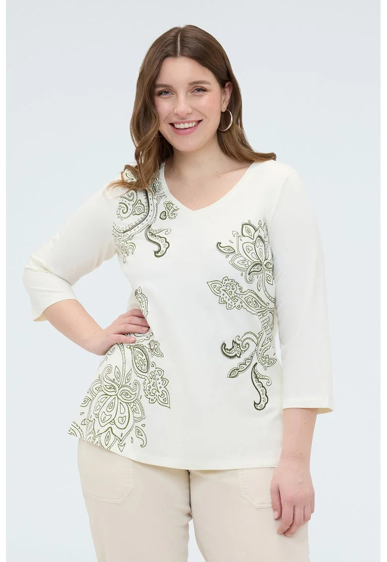 Bluza cu decolteu in V si imprimeu floral, Verde/Bej deschis