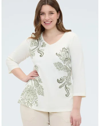 Bluza cu decolteu in V si imprimeu floral, Verde/Bej deschis