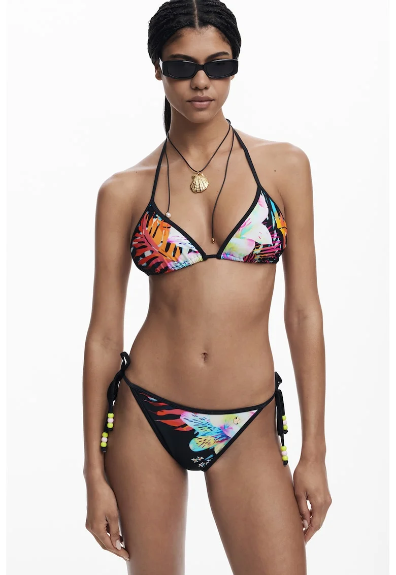 Sutien de baie cu decolteu halter si imprimeu, Multicolor