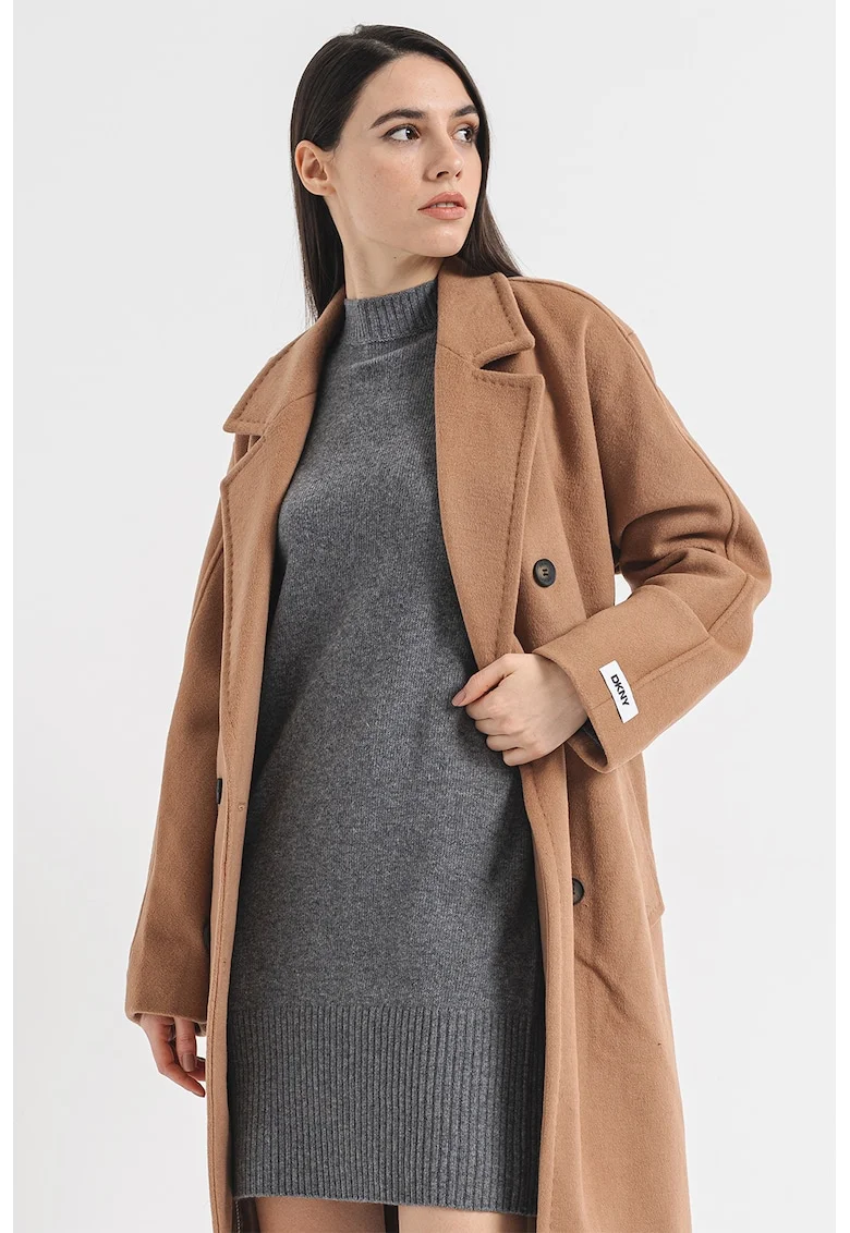 Palton uni din amestec de lana cu model petrecut, Caramel
