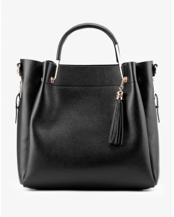Geanta de dama maro inchis din piele texturata cu accesoriu ciucurewdqf, Negru