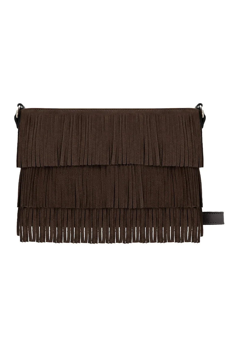 Geanta crossbody de piele si piele intoarsa cu canafi, Maro inchis