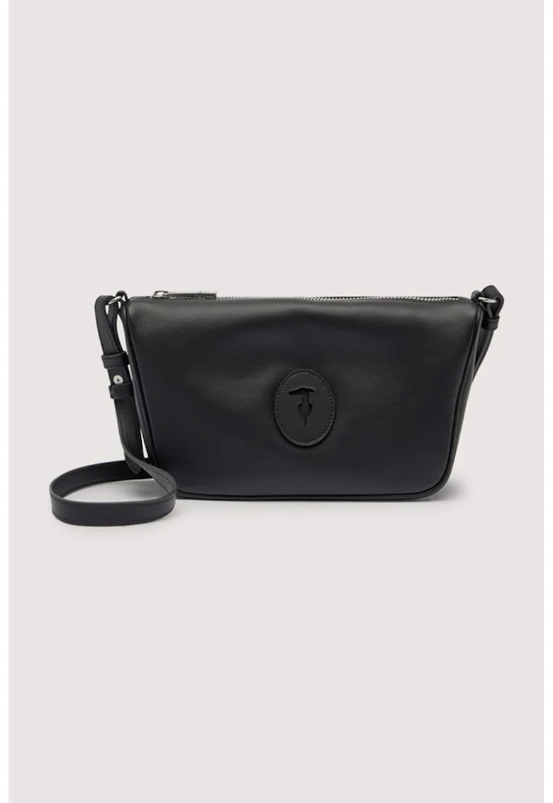 Geanta crossbody din piele cu aplicatie monograma, Negru