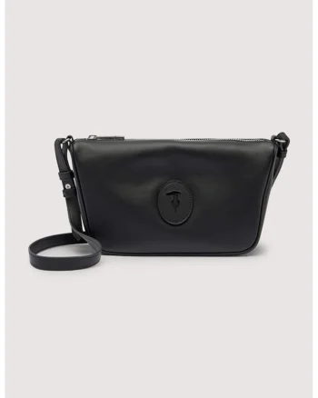 Geanta crossbody din piele cu aplicatie monograma, Negru