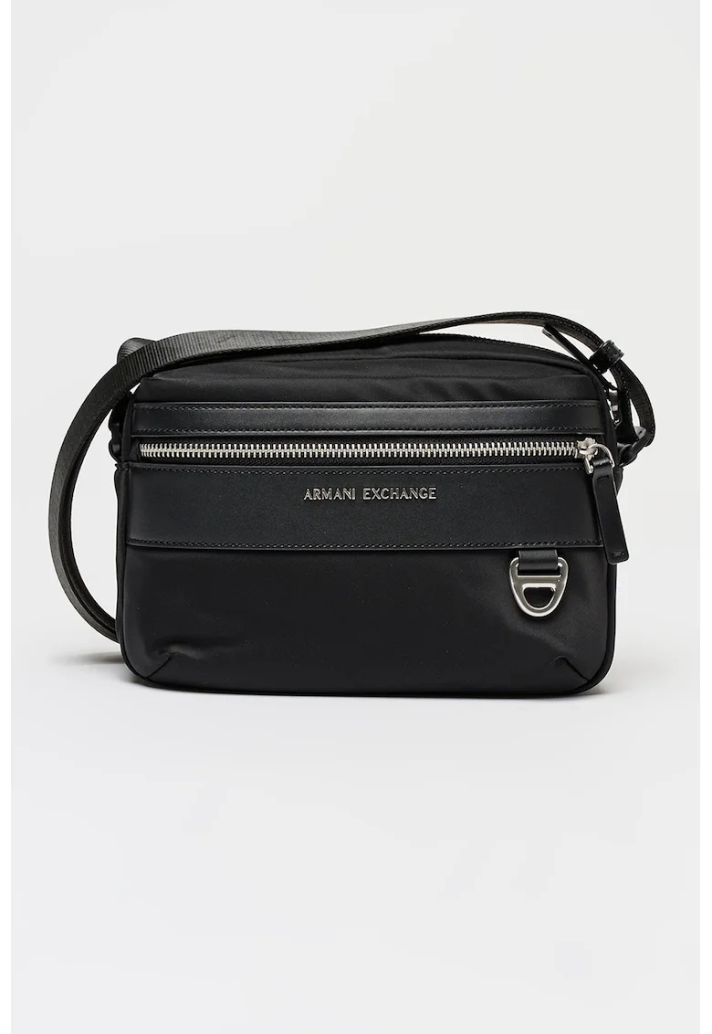 Geanta crossbodycu buzunar frontal cu fermoar, Negru