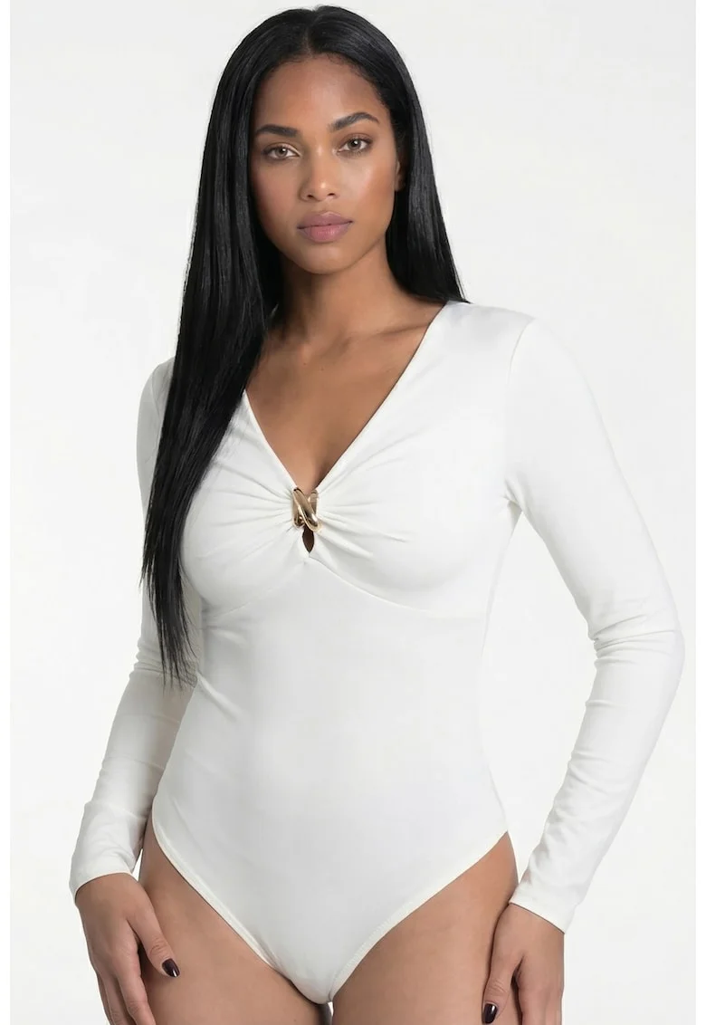 Body de dama  M1308, ecru, croiala mulata, decolteu in V, maneci lungi, material elastic