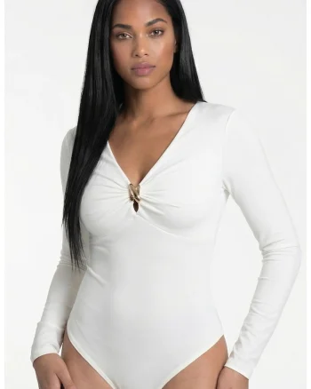 Body de dama  M1308, ecru, croiala mulata, decolteu in V, maneci lungi, material elastic