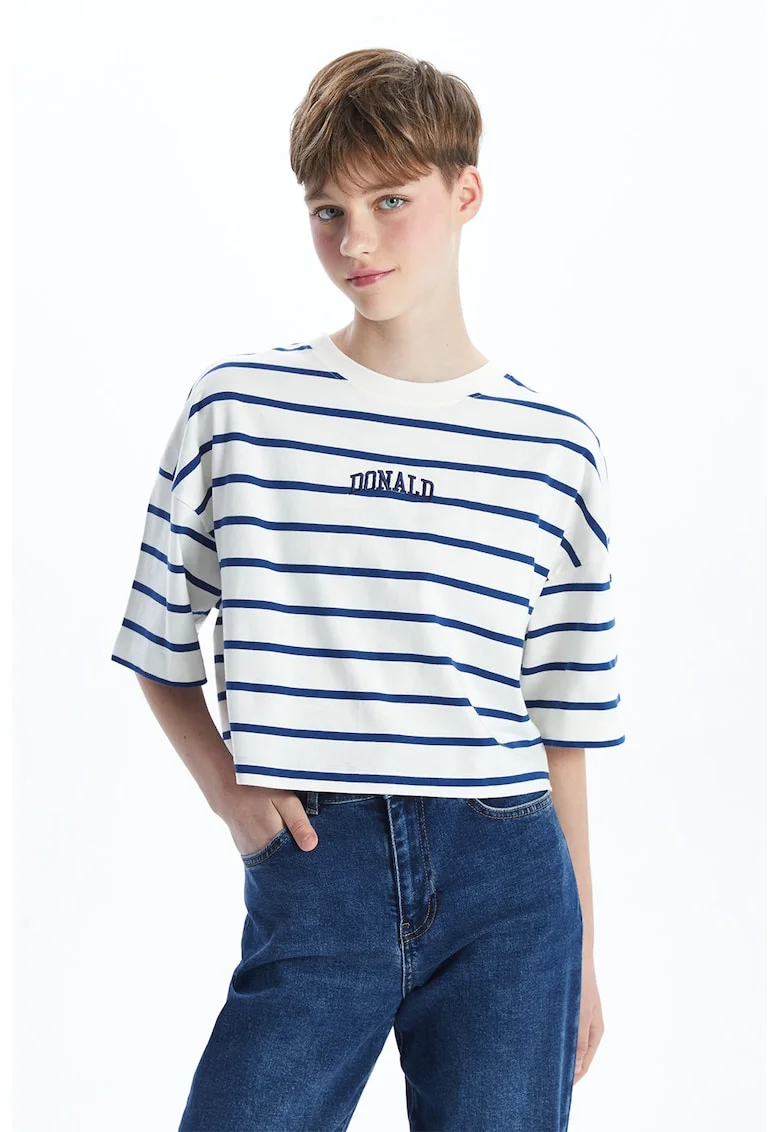 Tricou lejer crop cu imprimeu desene animate, Galben/Albastru inchis/Alb optic