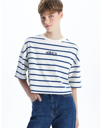 Tricou lejer crop cu imprimeu desene animate, Galben/Albastru inchis/Alb optic