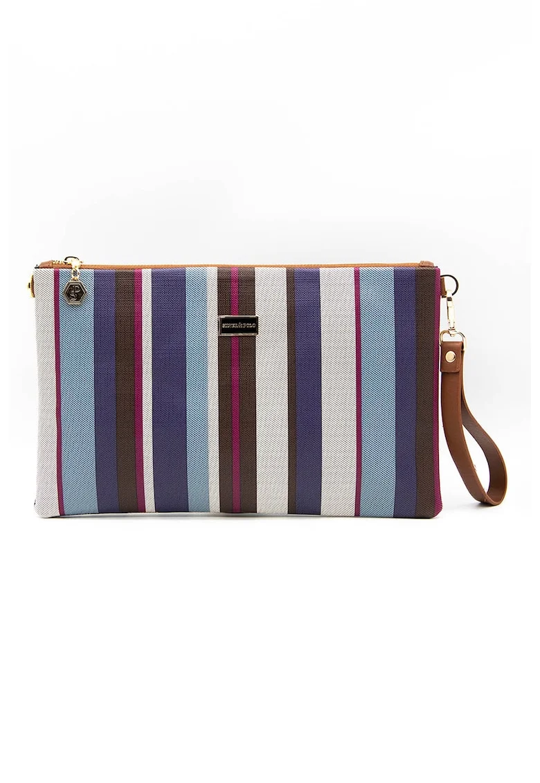 Geanta crossbody din piele ecologica cu model in dungi, Maro inchis/Bleumarin