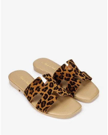 Sandale dama tip papuc din piele maro animal print