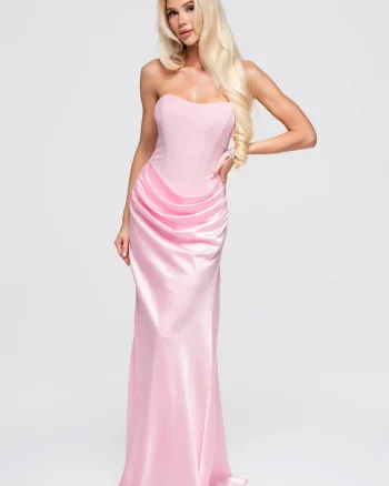 Rochie maxi, de seara cu bustiera, fara bretele, satinata, ajustata