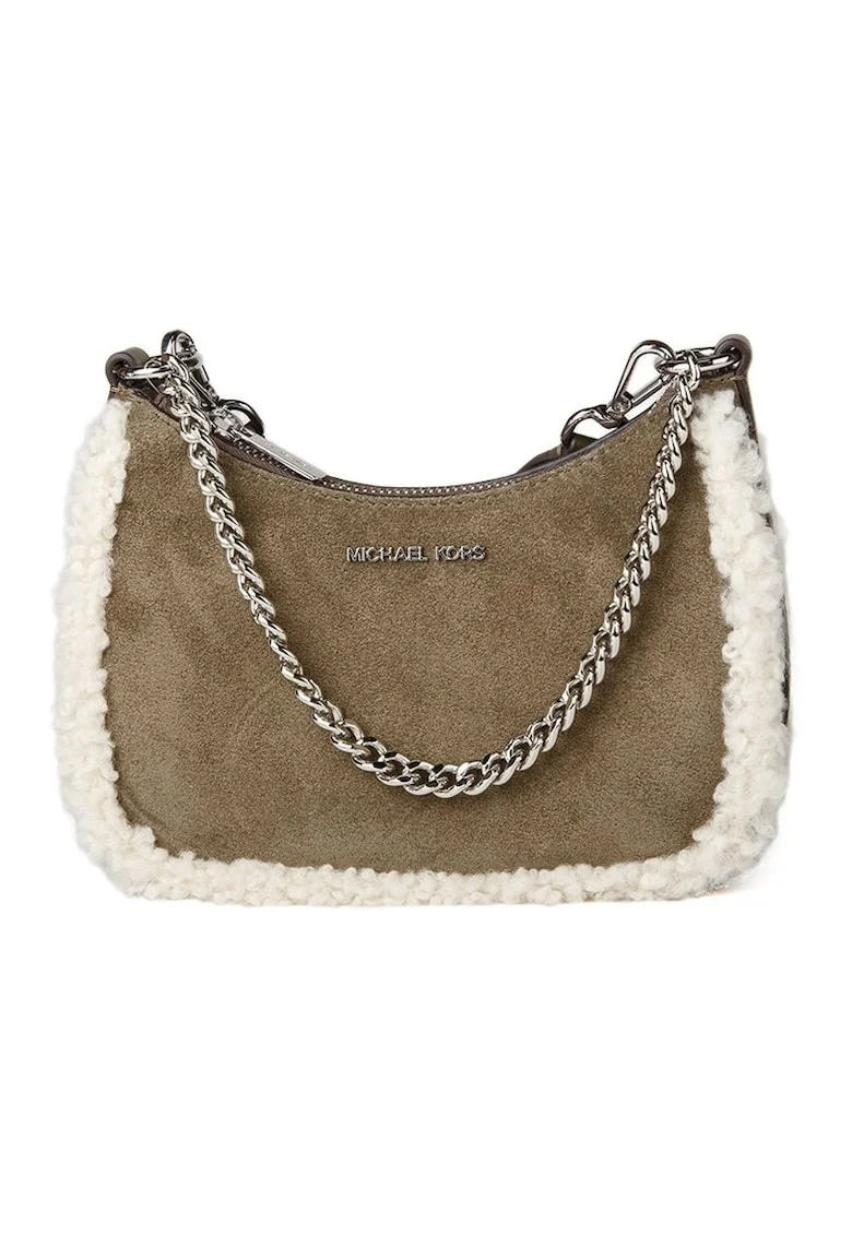 Geanta mini crossbody din piele intoarsa, cu garnituri de blana ecologica de oaie, 21x15x9 cm