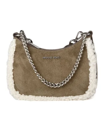 Geanta mini crossbody din piele intoarsa, cu garnituri de blana ecologica de oaie, 21x15x9 cm
