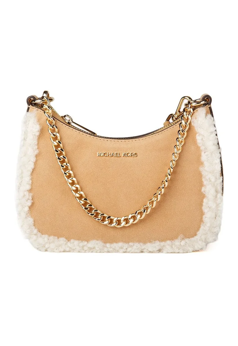 Geanta crossbody mini din piele intoarsa, cu garnituri de blana sintetica de oaie, 21x15x9 cm