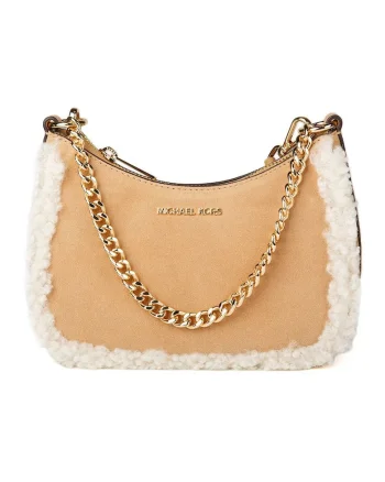 Geanta crossbody mini din piele intoarsa, cu garnituri de blana sintetica de oaie, 21x15x9 cm