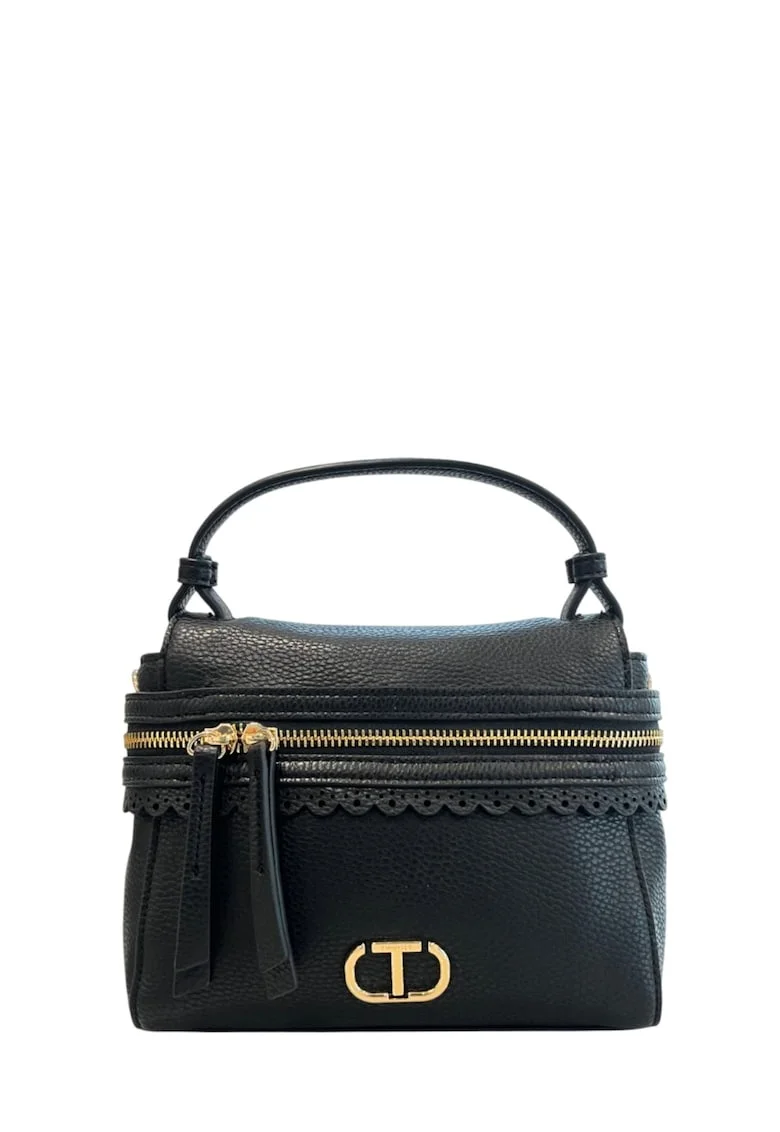 Geanta crossbody din piele ecologica cu perforatii decorative, Negru