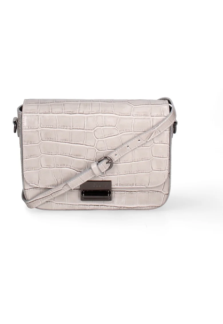 Geanta crossbody din piele cu clapa si aspect de piele de crocodil, Gri