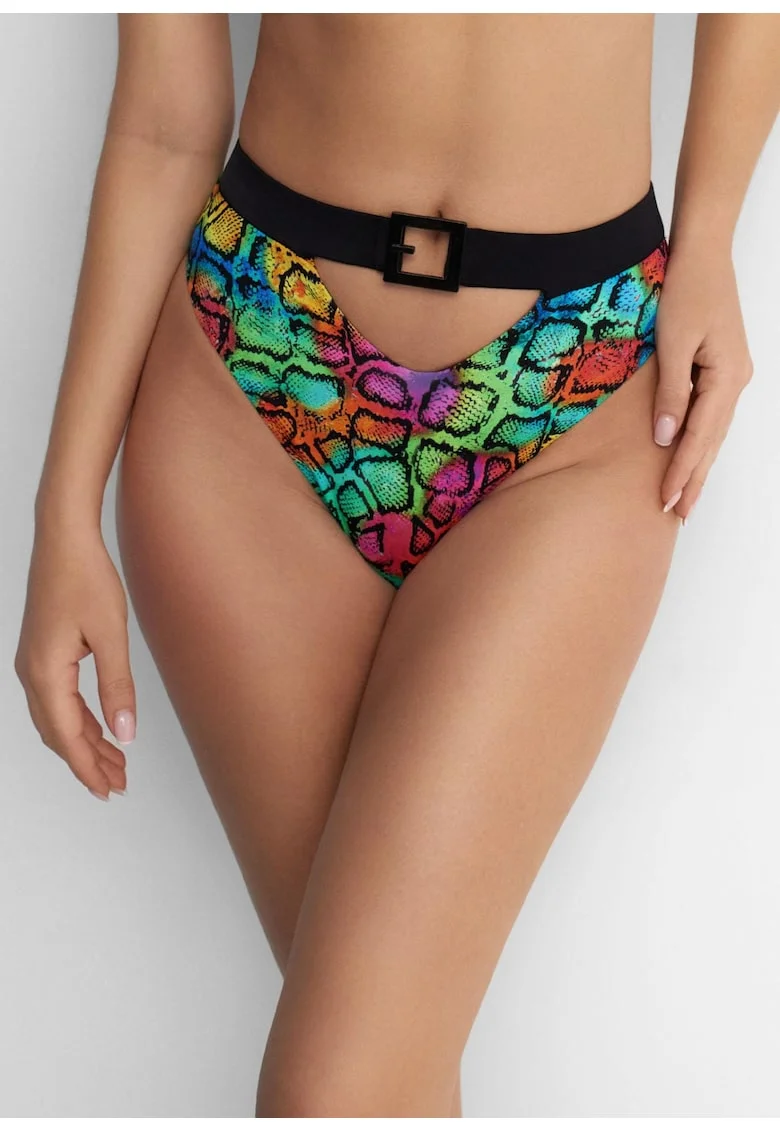 Slip de baie cu talie inalta, cu catarama decorativa, Bahamas High Crazy Python,  poliamida/elastan, multicolor, Alb/Negru