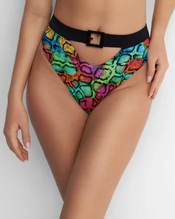 Slip de baie cu talie inalta, cu catarama decorativa, Bahamas High Crazy Python,  poliamida/elastan, multicolor, Alb/Negru