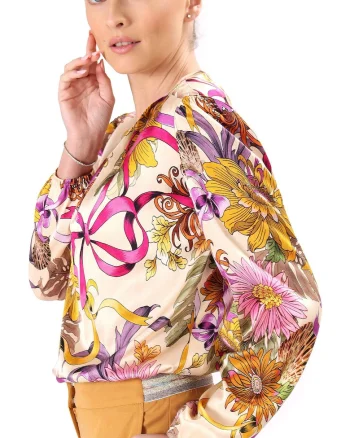 Bluza eleganta din viscoza satinata imprimata cu motive florale BYX-B3, Bej