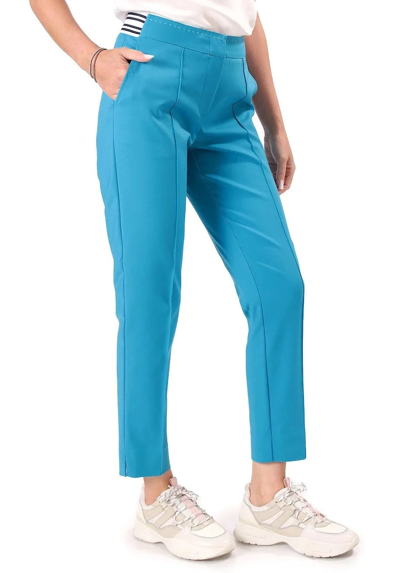 Pantaloni eleganti din bumbac elastic cu banda elastica decorativa P3J-PI, Turcoaz