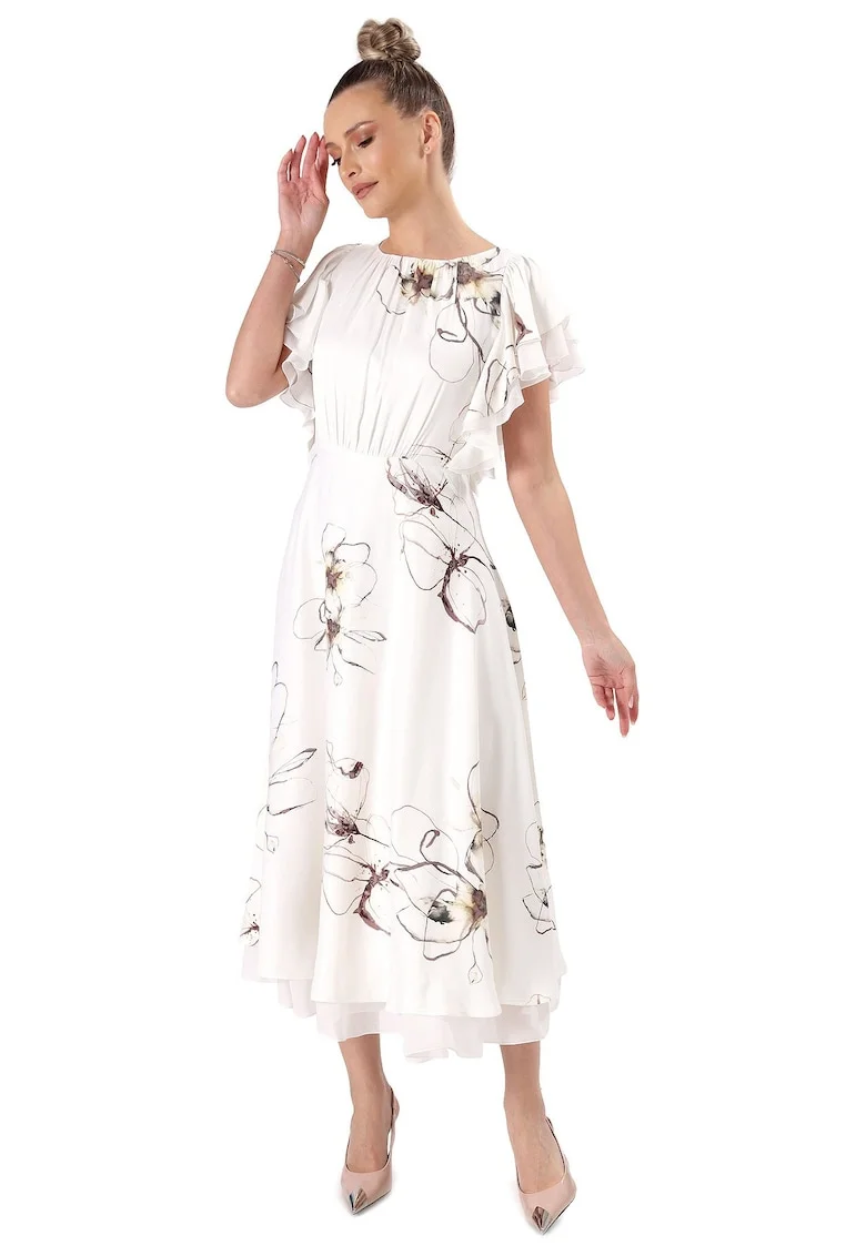 Rochie midi eleganta din viscoza satinata imprimata cu motive florale R5G-LK, Alb fildes