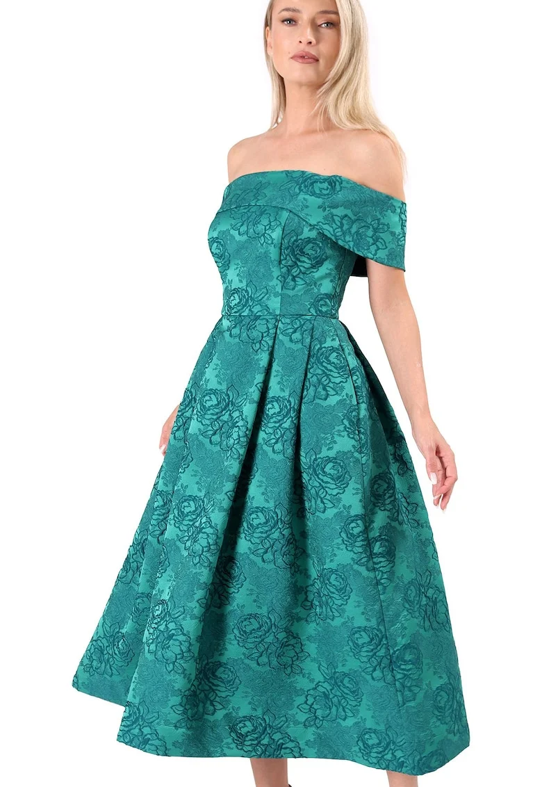 Rochie eleganta de seara cu umeri goi din brocart cu motive florale RVR, Verde