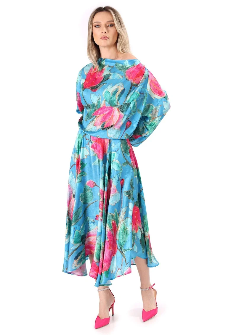 Rochie midi din viscoza cu matase naturala imprimata cu motive florale RS9-TY, Albastru