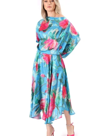 Rochie midi din viscoza cu matase naturala imprimata cu motive florale RS9-TY, Albastru