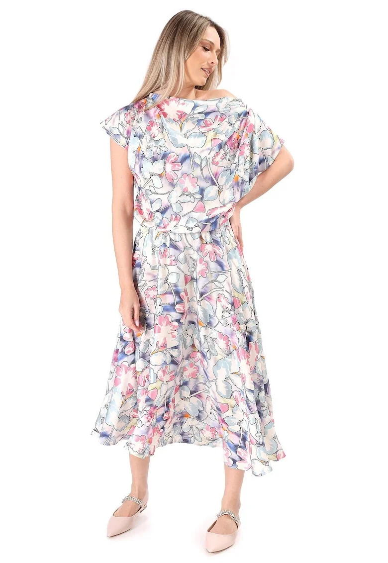 Rochie midi din viscoza cu motive florale si fir de effect RS9-IB, Roz