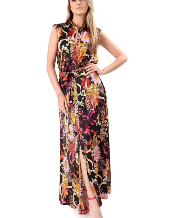 Rochie lunga tip camasa cu imprimeu, Negru