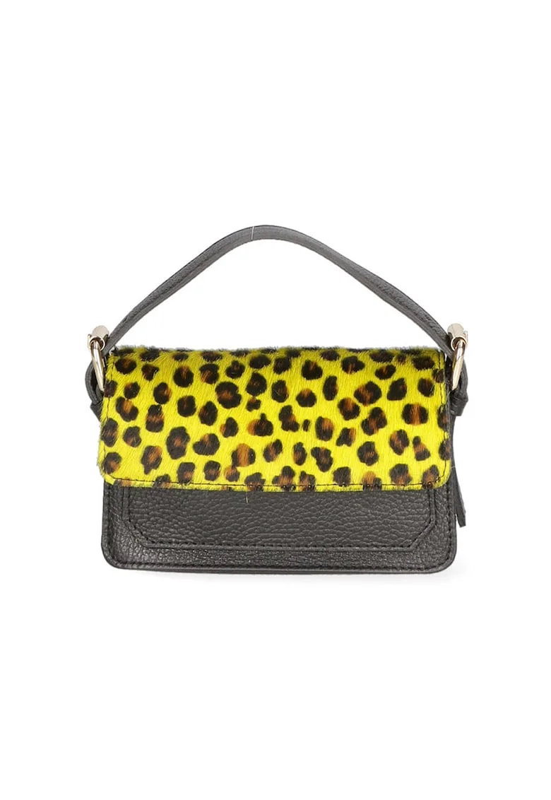 Geanta crossbody de piele si piele cu par scurt, Maro inchis/Galben