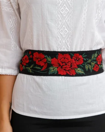 Brau traditional negru cu motiv floral rosu Marina