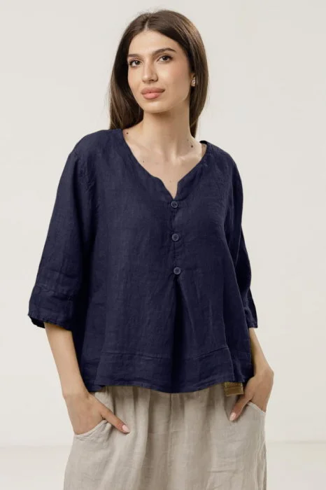 Bluza din in lejera cu nasturi decorativi, bleumarin
