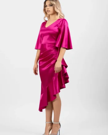 Rochie eleganta midi confectionata din tafta cu slit pe lateral si volane